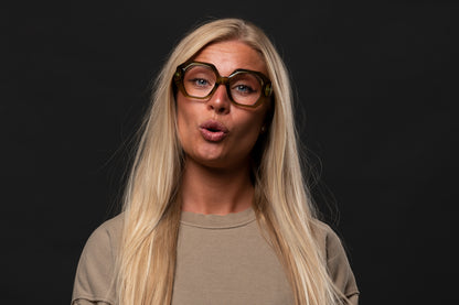 RACHEL transp. olive Reading glasses. SALE 25%. Keep in stock.